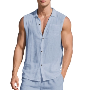 Close-up of light blue sleeveless linen shirt showing lapel collar and chest pocket detail