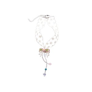 Elegant white lace bow choker necklace with floral embroidery and colorful beaded tassels