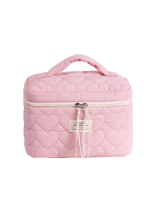 Pink heart quilted vanity case with top handle and double zipper for cosmetics