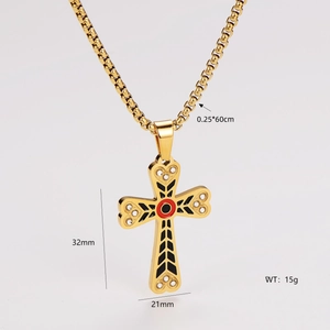 Detailed dimensions of 18k gold cross necklace with enamel inlay and white rhinestones