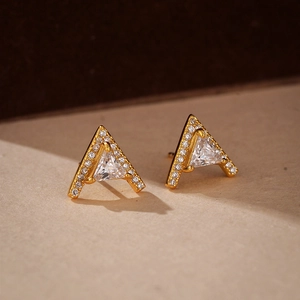 Geometric Triangle Stud Earrings 925 Sterling Silver Earring Post 18K Gold Plated Cubic Zirconia V Shape For Women