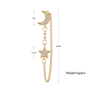 Détails et dimensions de la boucle d'oreille chaîne étoile et lune en or 18 carats