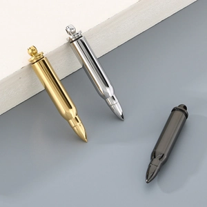 Polished stainless steel bullet pendant necklaces in gold, silver, and gun black finishes