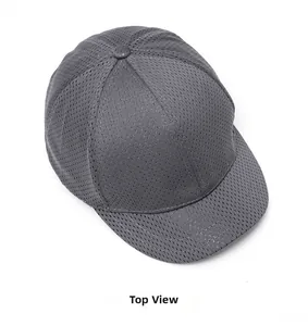Close-up of breathable dark grey mesh baseball cap with six-panel design and top button