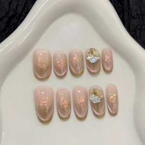 Handmade Press On Nails Cat Eye Effect Nude Pink Gradient Oval Shape Reusable False Nails With Rhinestone Decoration Elegant