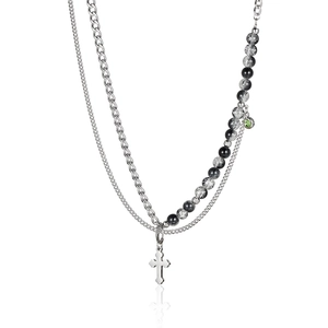 Layered Necklace And Earring Stainless Steel Beaded Chain Cross Pendant Trendy Gothic Style For Men Women