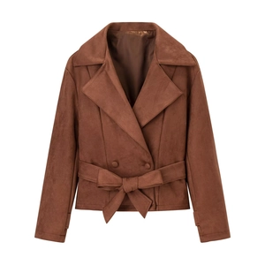 Women Faux Suede Jacket Double Breasted Lapel Short Coat With Belt Solid Color Elegant Casual Outwear Fashion