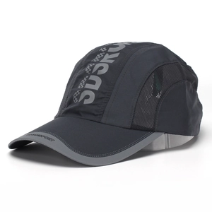 Detailed side view of dark grey quick-dry baseball cap with breathable mesh and logo
