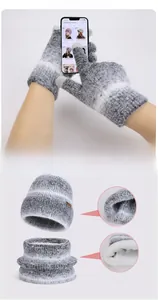 Detail of grey gradient knitted hat, neck warmer, and touchscreen gloves with fleece lining