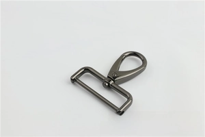 Macro detail of gunmetal alloy swivel hook with removable screw bar for bag straps