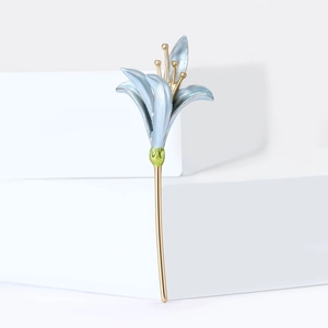 Elegant blue enamel tulip flower brooch with gold plating for women's fashion accessories