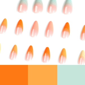 Three-color gradient press-on nails in long almond shape with high gloss finish on white