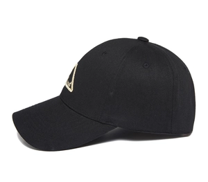 Detail shot of a black six-panel baseball cap with a triangular embroidered logo patch