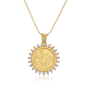 18K gold-plated 50 Pesos coin pendant necklace with sparkling zircon halo on white background