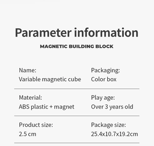 Specifications of magnetic cube building blocks showing ABS material and dimensions