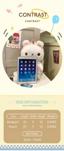 Detailed size comparison chart showing dimensions and materials for the rabbit plush backpack