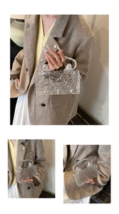 Detailed close-up of acrylic clutch with ice-crack texture and silver metal handle