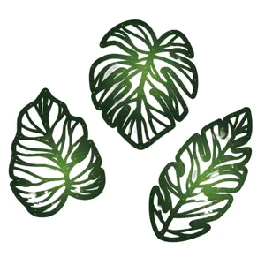 Three-piece set of green wooden tropical palm and monstera leaf wall art decor