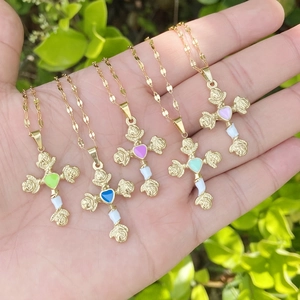 Stainless Steel Cross Pendant Necklace With Heart Rose Enamel Gold Color Vintage Elegant Jewelry For Women