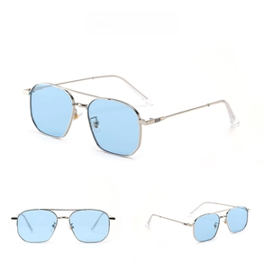 Detailed views of silver metal sunglasses with blue gradient lenses and double bridge design
