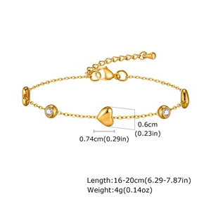 Detailed size specifications of golden heart charm bracelet with adjustable chain measurements