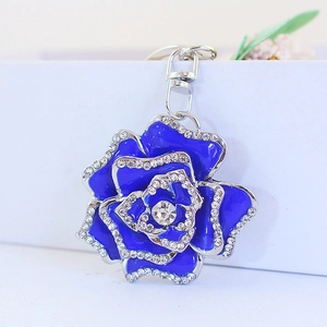 Blue enamel rose keychain with rhinestone accents and silver metal finish for women