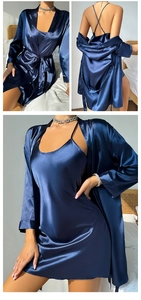 Three-piece view of dark blue satin loungewear set with robe and slip dress