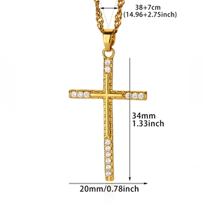 Detailed dimension guide for the 18K gold cross necklace with clear cubic zirconia