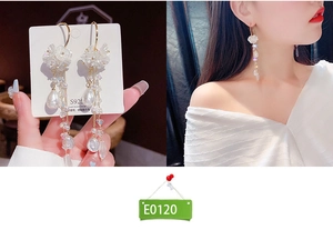 Detailed view of white floral tassel earrings with S925 silver needles and pearls