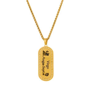 Dettaglio della collana con ciondolo Vergine dorato con simbolo e date astrologiche