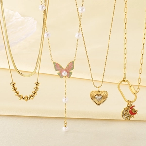Gold Plated Stainless Steel Pendant Necklace Zircon Faux Artificial Pearl Enamel Heart Butterfly Sun Moon Star For Women Trendy Jewelry
