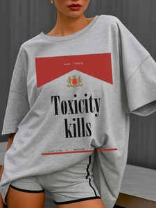 Σετ σκούρο γκρι oversized βαμβακερό T-shirt και σορτς με vintage γραφικό τύπωμα