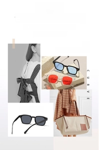 Collage detallado de gafas de sol cuadradas con lentes de colores en azul y rojo