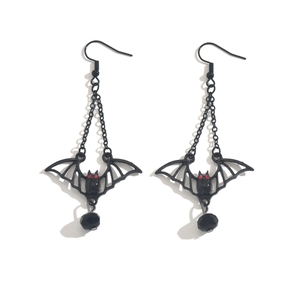 Gothic black bat earrings with red eyes and faceted bead for Halloween accessories