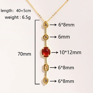 Detailed dimensions of 18K gold plated necklace with red gemstones and 70mm pendant