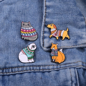 Enamel Brooches Alloy Drip Oil Cartoon Animal Cat Fox Dog Polar Bear Sweater Decoration Pin For Coats Backpacks Cute Jewelry