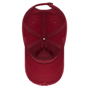 Deep red distressed baseball cap with embroidered letters and adjustable metal buckle