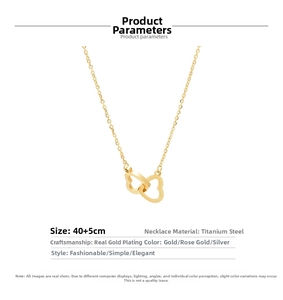 Detail of interlocking heart necklace in titanium steel with 40+5cm adjustable chain