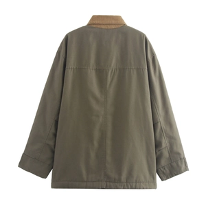 Back view of a casual olive cotton jacket with contrasting brown corduroy collar detail