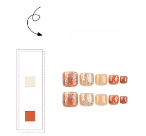 Detailed view of caramel amber press-on toenails with glitter and glossy finish set