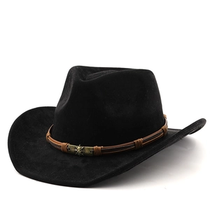 Classic black suede cowboy hat with brown braided band and vintage bull skull emblem