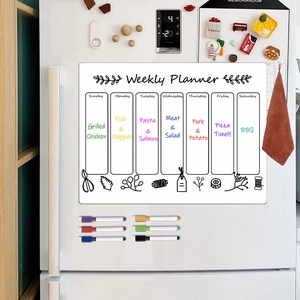 Magnetic weekly planner fridge board with six colorful markers and diet schedule