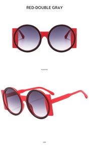 Detail view of red square-round frame sunglasses with gradient grey lenses from two angles