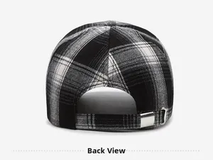 Detail view of the back of a plaid baseball cap with adjustable metal buckle strap