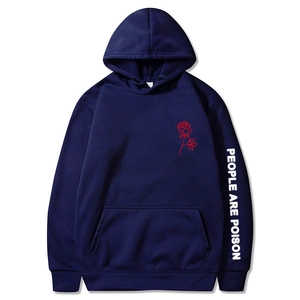 Navy People Are Poison hoodie featuring rose print and white sleeve lettering