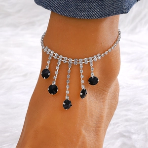 Bohemian silver anklet with sparkling rhinestones and black fringe waterdrop pendants