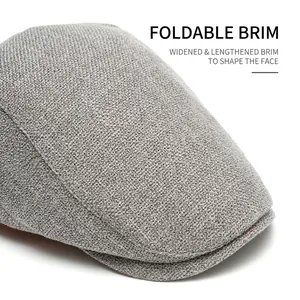 Casquette plate grise en coton et lin avec visière large pliable et respirante
