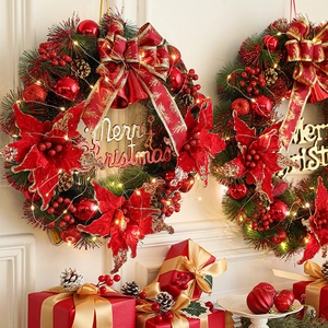 Artificial Christmas Wreath With LED Lights PVC Pine Needle Red Bow Gold Ornaments For Front Door Wall Hanging Decoration