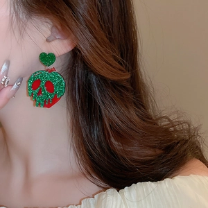 Halloween glitter poison apple earrings with heart stud and skull pattern for women