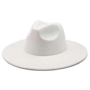 Close-up of white wide brim fedora hat showing textured suede fabric and fine stitching
